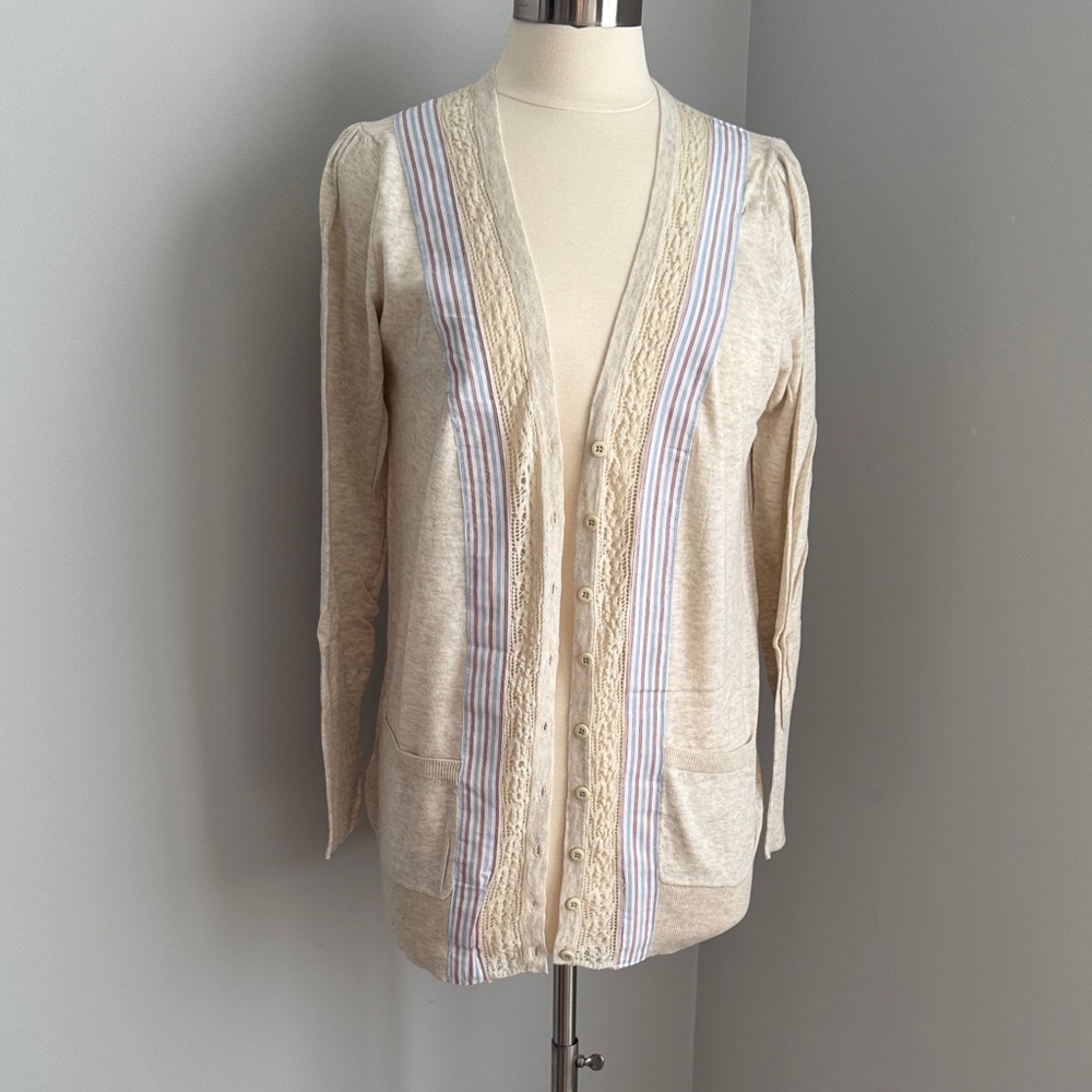 Anthro Field Flowers Elegant Cream Cardigan Sweater